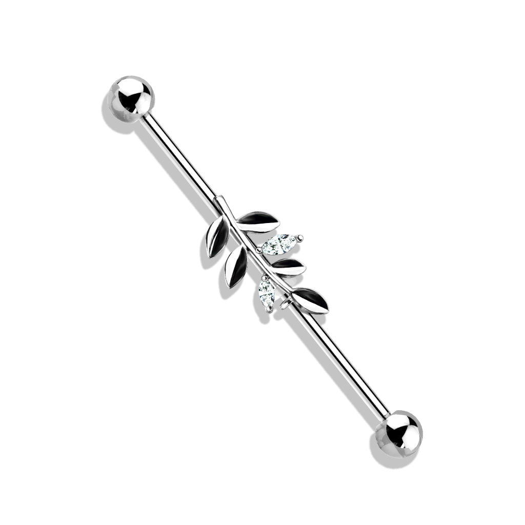 Silver Leaf Industrial Barbell with Clear Gems